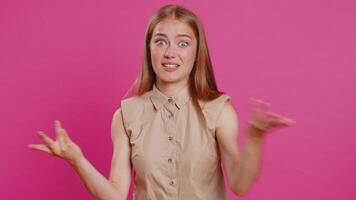 Woman raising hands in indignant expression ask what reason of failure demonstrating disbelief video