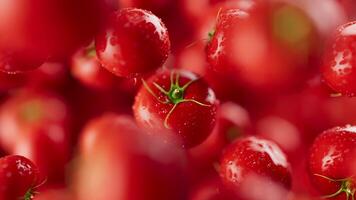 Animation of a group of tomato. Many tomatoes slowly rotate in the background in space. Horizontal composition. Defocus. video