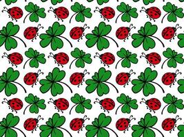 Seamless pattern with red ladybugs and green clovers on a white background. Perfect for lucky-themed textiles, wrapping paper, spring decor, and kids' designs. vector