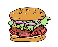 burger with cheese, onion, cutlet, tomatoes, lettuce, hamburger hand drawn color illustration sketch retro style. linear trendy style vector