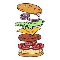 hamburger hand drawn color line illustration realistic sketch with its flying ingredients- cheese, onion, cutlet, tomatoes, lettuce for poster, menu, package design vector