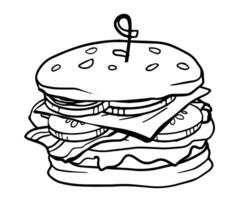hamburger hand drawn color line illustration realistic sketch with cheese, onion, cucumber, cutlet, hum, lettuce for poster, menu, package design vector
