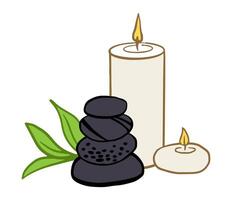 Modern spa composition featuring massage stones, candles, and greenery. Ideal for wellness centers, Thai massage, meditation spaces, and beauty therapy retreats vector