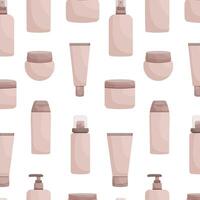 Seamless pattern of various beige cosmetic containers on a white background vector