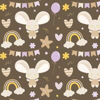 Seamless pattern of cute cartoon bunny characters and objects such as clouds, balloons, rainbows, hearts, stars on a dark brown background. vector