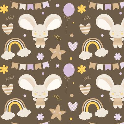 Seamless pattern of cute cartoon bunny characters and objects such as clouds, balloons, rainbows, hearts, stars on a dark brown background.