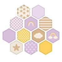Cute patchwork pattern of hexagons with various childish motifs. Print for fabric. Quilt design for children's room. Dots, stars, rainbows, clouds and other childish elements. vector