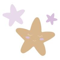 A sweet smiling star with closed eyes, surrounded by two small polar stars in soft pastel tones. vector