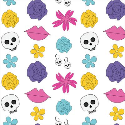 Seamless pattern with cartoon skulls, stylized colors in bright hues, pink lips and tiny skull earrings. Playful design for the Day of the Dead.