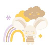 Cute rabbit image in a flat style with rainbow and clouds and cute flowers. The color palette is pastel, using beige, cream, yellow, purple and pastel brown colors. vector