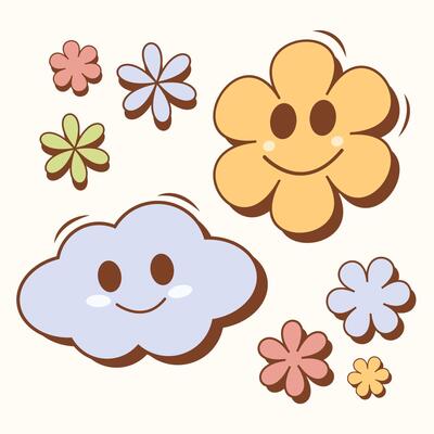 A funny and whimsical illustration featuring a smiling cloud and a happy flower, both have cute facial expressions. A design surrounded by bright colors for decorating children's decor.