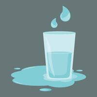 A transparent blue glass filled with water on a muted gray background and small droplets of water hover over the glass, a puddle and scattered drops surround its base. vector