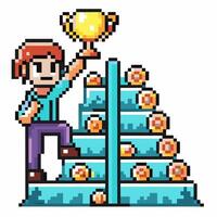 Pixel art character holding trophy, standing on arcade game podium with coins vector