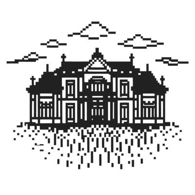 pixel art vintage mansion black and white retro architectural design nostalgic old house pixelated illustration