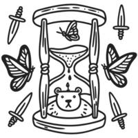 hourglass illustration with bear inside, butterflies and daggers surrounding symbolic representation of time and change vector