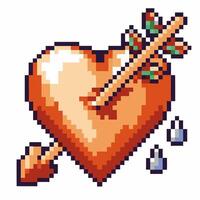Pixelated heart illustration with arrow and droplets in retro game art vector