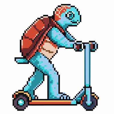 pixel art turtle on electric scooter, vintage retro reptile riding, colorful quirky fun