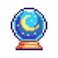 Pixel art snow globe with crescent moon and snowflakes vector