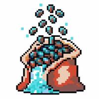 Pixel art coffee beans overflowing from an open burlap sack retro digital style, vintage gaming essence vector
