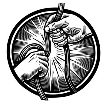 Hands pulling rope icon in engraved style, symbolizing strength, teamwork, cooperation, and unity vector