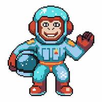 Smiling pixel art monkey in space suit with helmet retro 8 bit astronaut waving greeting vector