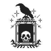 Pixel art raven on frame with skull and stars retro gothic illustration, monochrome digital design vector