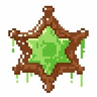 Pixel art star badge with green gem center and rustic design vector