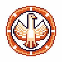 Retro pixel art goose emblem with geometric border vintage 8 bit gaming, bird with spread wings vector