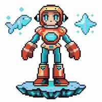 Pixel art robot on hoverboard with floating fish and star in space vector