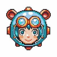 Retro pixel art character with helmet and goggles cute design, vibrant colors, nostalgic game vector
