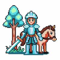 Pixel art knight with sword and horse in forest setting vector