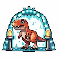 pixel art dinosaur in ice cave retro t rex with torches, digital 8 bit vector