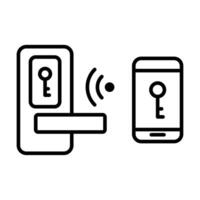 Wireless smart door lock system outline icon . Electronic wireless door with key lock symbol on mobile screen for graphic design, logo, web site, social media, mobile app, ui illustration vector