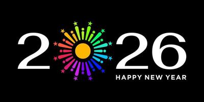 Inspiration Luxury New Year 2026 Logo with white numbers and colorful fireworks effect on black background. New Year greeting card. event, celebration vector