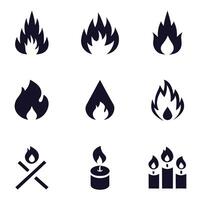 Fire icon set flame and danger warning symbols for hot, flammable web design elements vector