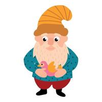Illustration of Gnome Holding a Bird. White background, isolate vector