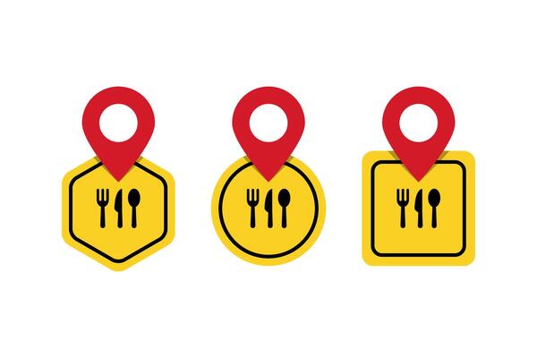 Set of cafeteria and restaurants location sign. Fork spoon and knife eatery sign with pinpoint.