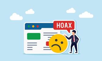 Businessman saying hoax beside sad emoticon and app interface illustration of caution against scams using fake app or website interfaces vector