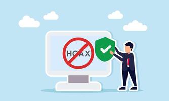 Businessman holding a shield beside a monitor displaying hoax text with a forbidden sign illustration of rejecting false or harmful information vector