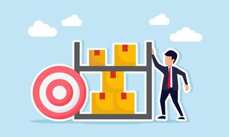 Businessman standing next to target board and package box shelf illustration of logistics business target vector