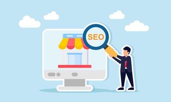 Businessman standing beside monitor showing store holding magnifying glass with SEO text illustration of rising market sales graph due to keyword optimization vector