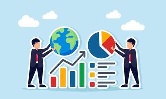 Two businessmen near graph one holding globe the other holding pie chart illustration of collaboration or joint venture to create global scale business vector