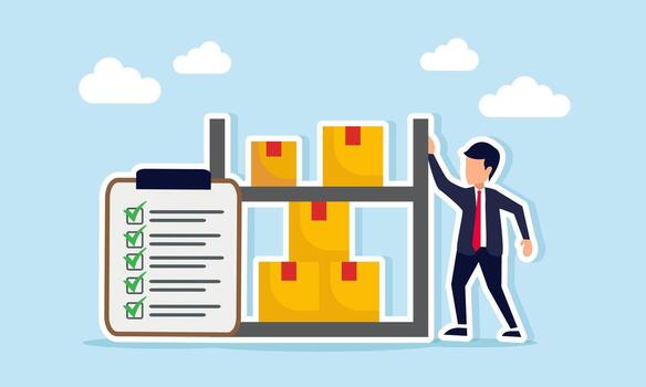 Businessman standing next to a checklist board and a shelf with package boxes illustration of business logistics shipment list vector