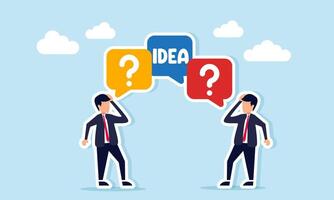 Two businessmen confused with chat dialog show IDEA causing one businessman to have a question mark dialog illustration of confusion in discussion brainstorming business ideas vector