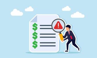 Businessman examining document with dollar list using magnifying glass marked with attention illustration of caution over budgeting to achieve stable company financial condition vector