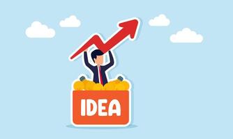 Businessman emerging from box labeled IDEA full of many lamps holding rising chart illustration of many ideas and business innovation improving business performance vector