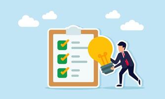 Businessman holding a lit lamp next to a document board with a checklist showing the right business idea implementation to improve work effectiveness vector