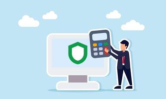 Businessman holding a calculator next to a monitor displaying a shield illustration of a secure business application program for financial consultant vector