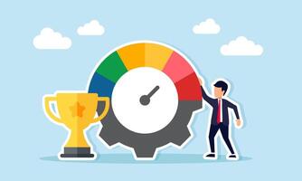 Businessman standing next to a trophy and gear level indicator illustration of monitoring business performance as a leading company vector