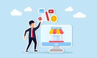 Businessman standing beside monitor showing store holding megaphone with play mail and dollar coin icons illustration of digital advertising for business optimization vector